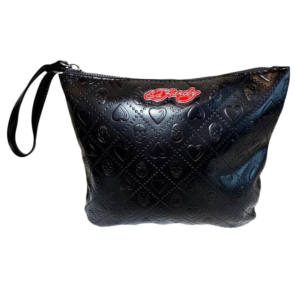 Ed Hardy Y2K Black Skull Heart Wristlet Faux Leather Zipper Clutch Restocked